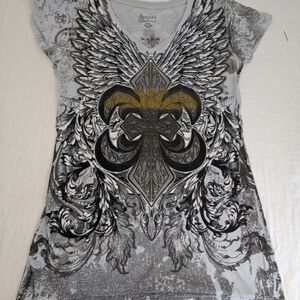 Angels and Diamonds Cap Sleeve Blouse w/Angel Wings & Fleur-de-lis on Both Sides